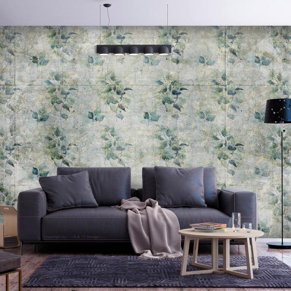 Wall Mural - Mint tones - green leaf bouquets on a retro patterned background
