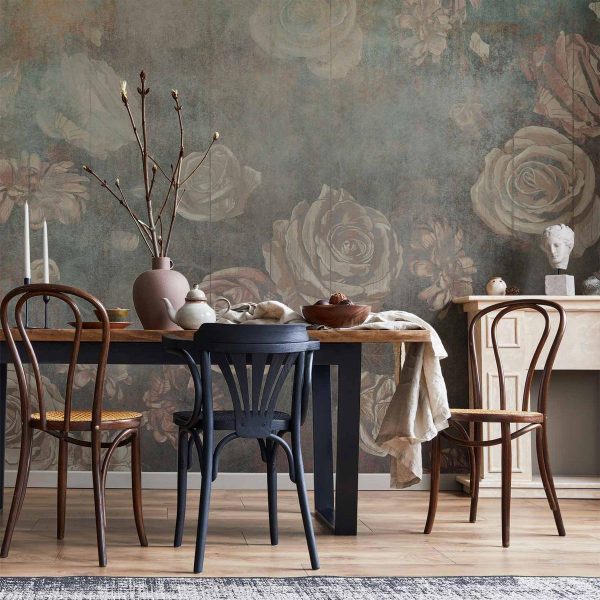 Wall Mural - Misty nature - muted rose flowers on a background in grey tones