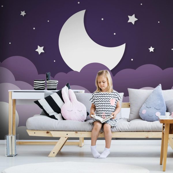 Wall Mural Wallpaper - Moon dream - clouds in a purple sky with stars for children - Image 3