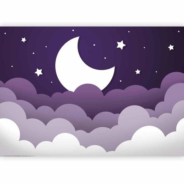Wall Mural Wallpaper - Moon dream - clouds in a purple sky with stars for children - Image 4