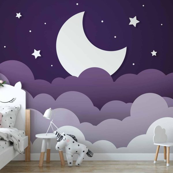 Wall Mural Wallpaper - Moon dream - clouds in a purple sky with stars for children - Image 2