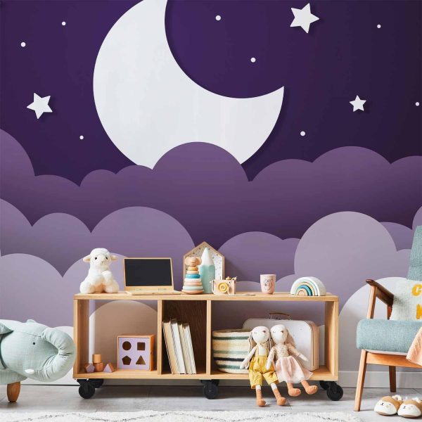 Wall Mural Wallpaper - Moon dream - clouds in a purple sky with stars for children
