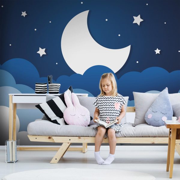 Wall Mural Wallpaper - Moon dream - clouds on a dark blue sky with stars for children - Image 3