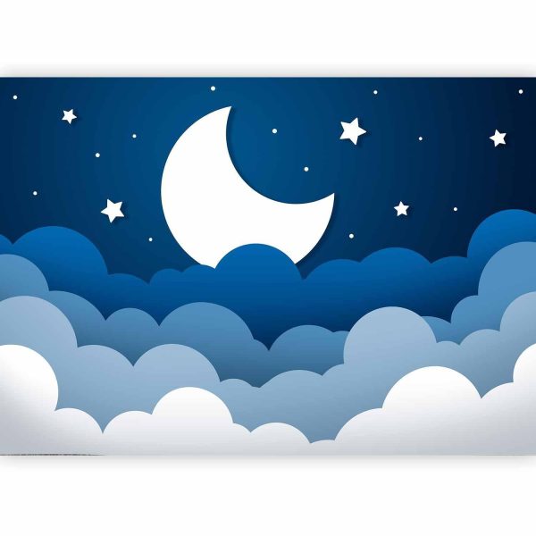 Wall Mural Wallpaper - Moon dream - clouds on a dark blue sky with stars for children - Image 4