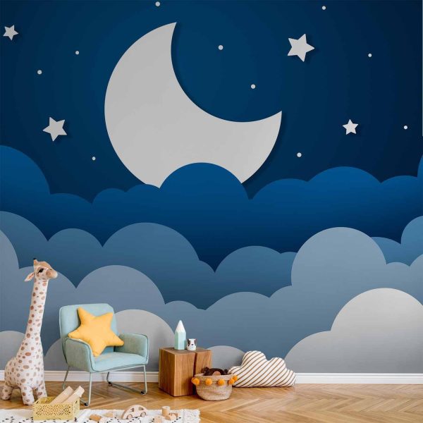 Wall Mural Wallpaper - Moon dream - clouds on a dark blue sky with stars for children - Image 2