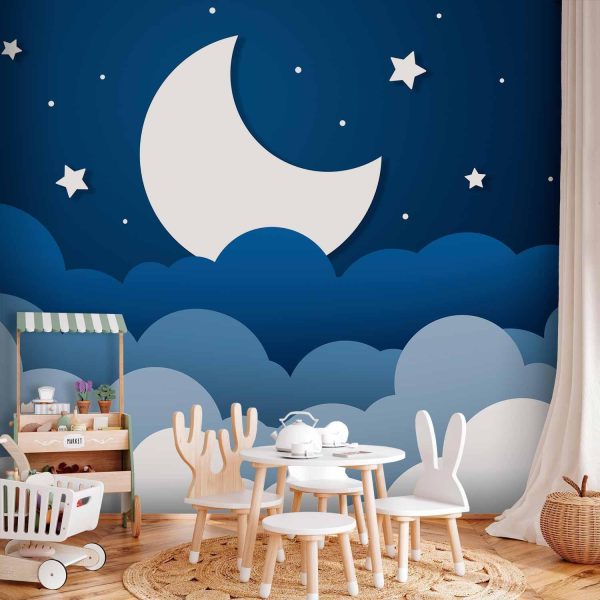 Wall Mural Wallpaper - Moon dream - clouds on a dark blue sky with stars for children