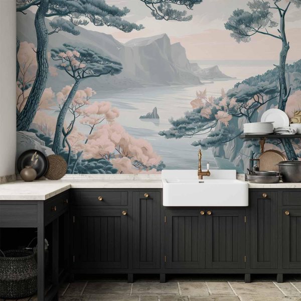 Wall Mural - Mountainous Coast with Trees and Rocks in Light Pastel Blues - Image 2
