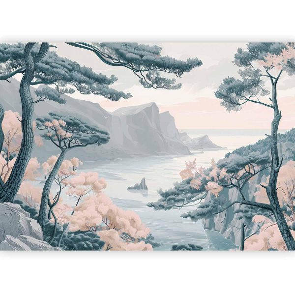Wall Mural - Mountainous Coast with Trees and Rocks in Light Pastel Blues - Image 4