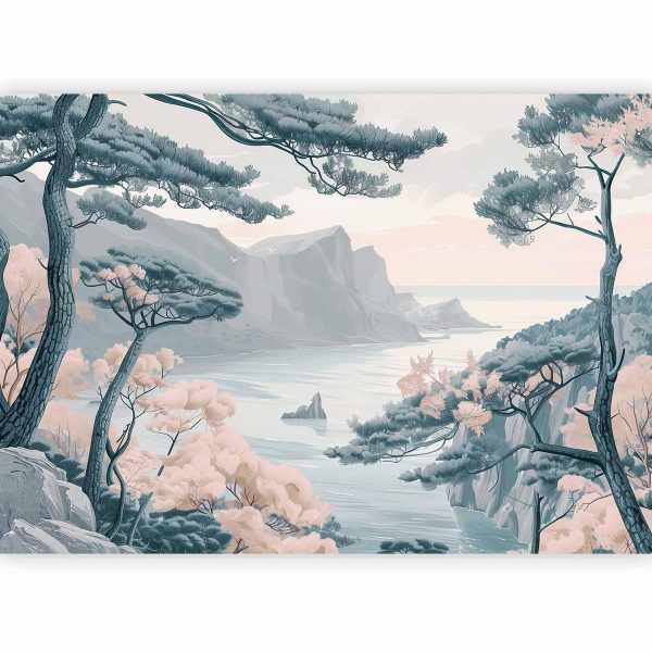 Wall Mural - Mountainous Coast with Trees and Rocks in Light Pastel Blues
