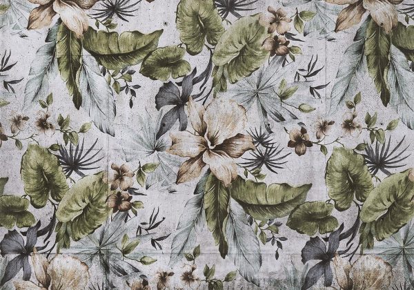 Wall Mural - Nature in retro style - jungle landscape with pale leaves and flowers