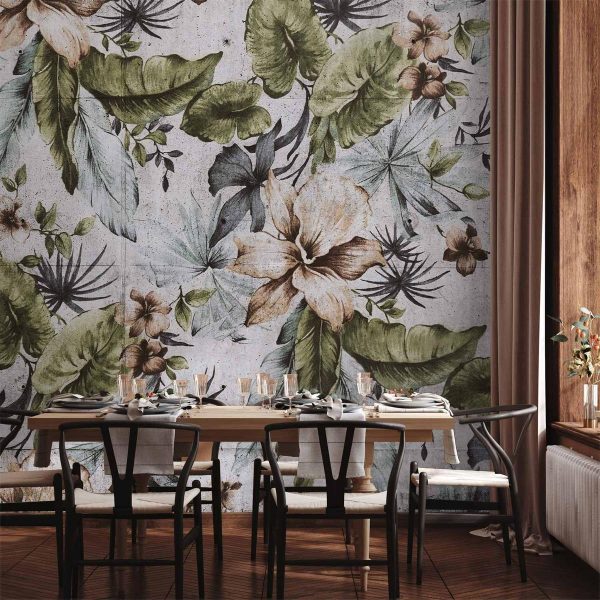 Wall Mural - Nature in retro style - jungle landscape with pale leaves and flowers