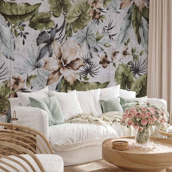 Wall Mural - Nature in retro style - jungle landscape with pale leaves and flowers