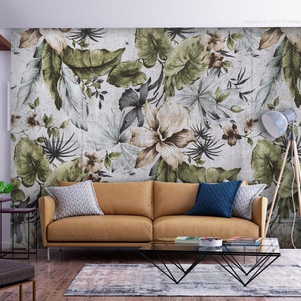 Wall Mural - Nature in retro style - jungle landscape with pale leaves and flowers