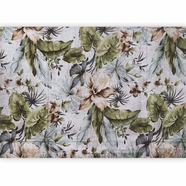 Wall Mural - Nature in retro style - jungle landscape with pale leaves and flowers