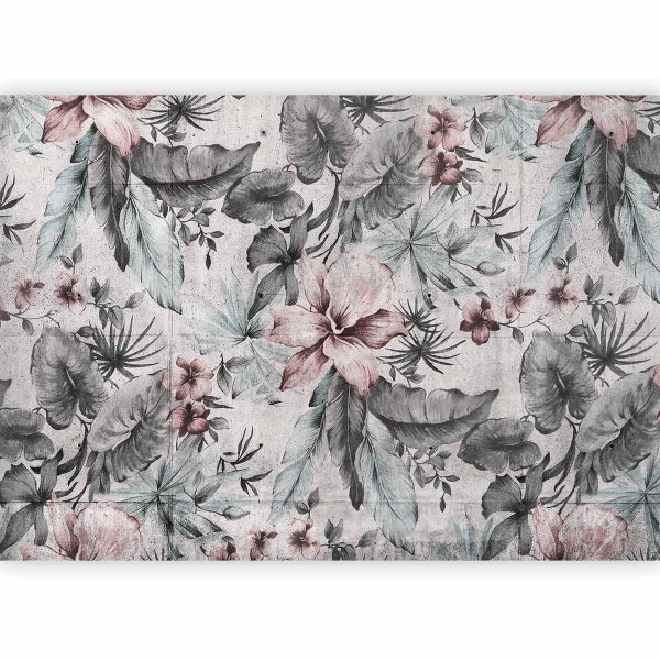 Wall Mural - Nature in retro style - landscape with leaves and flowers in grey tones