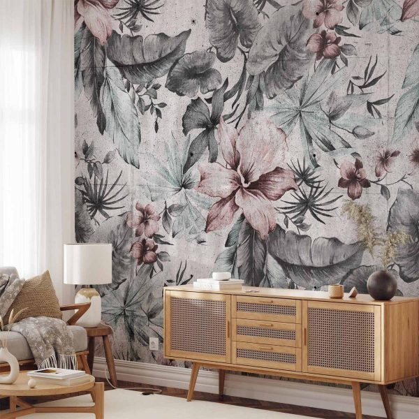 Wall Mural - Nature in retro style - landscape with leaves and flowers in grey tones
