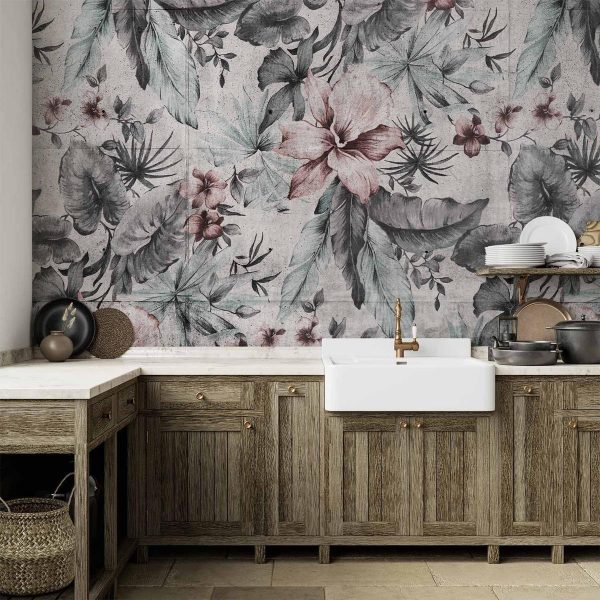 Wall Mural - Nature in retro style - landscape with leaves and flowers in grey tones