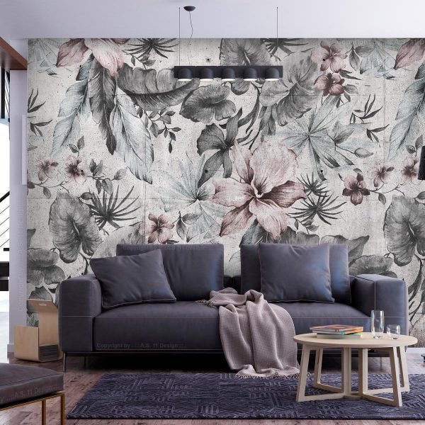 Wall Mural - Nature in retro style - landscape with leaves and flowers in grey tones