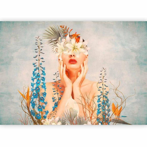 Wall Mural - Nature in thought - female figure among flowers on a patterned background