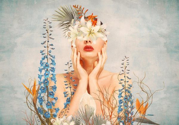 Wall Mural - Nature in thought - female figure among flowers on a patterned background