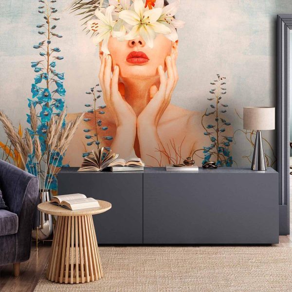 Wall Mural - Nature in thought - female figure among flowers on a patterned background