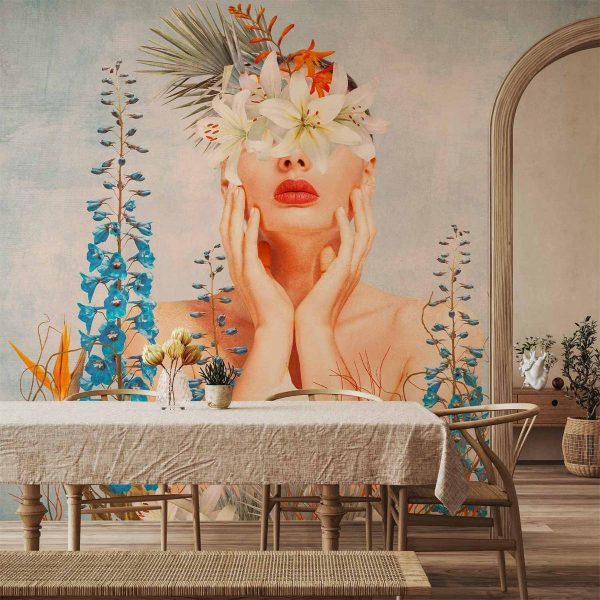 Wall Mural - Nature in thought - female figure among flowers on a patterned background