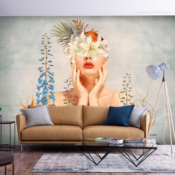 Wall Mural - Nature in thought - female figure among flowers on a patterned background