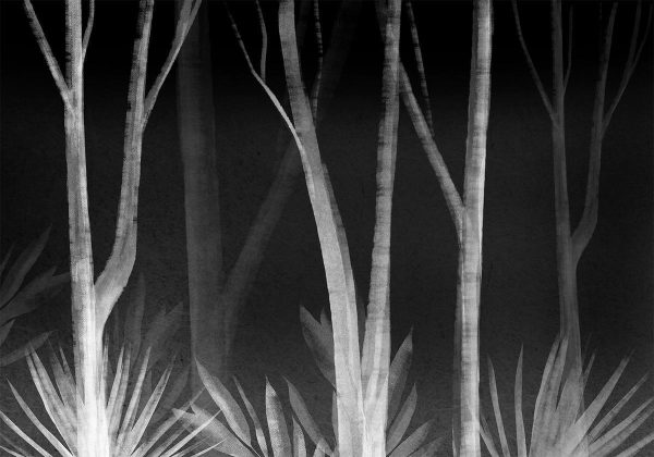 Wall Mural - Noise of the forest at night - minimalist landscape of white trees on a black background