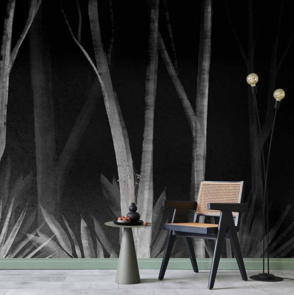 Wall Mural - Noise of the forest at night - minimalist landscape of white trees on a black background