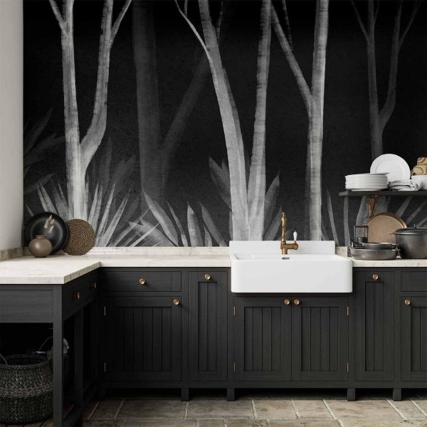 Wall Mural - Noise of the forest at night - minimalist landscape of white trees on a black background