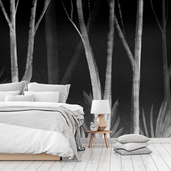 Wall Mural - Noise of the forest at night - minimalist landscape of white trees on a black background