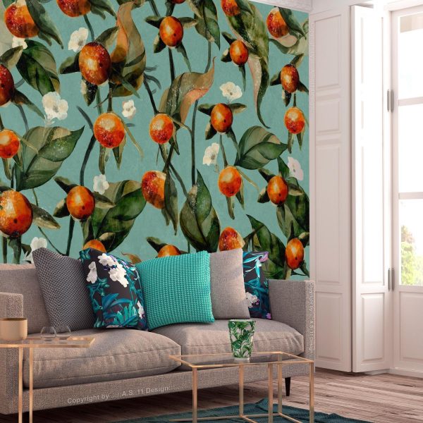 Wall Mural Wallpaper - Orange grove - plant motif with fruit and leaves on a blue background - Image 3