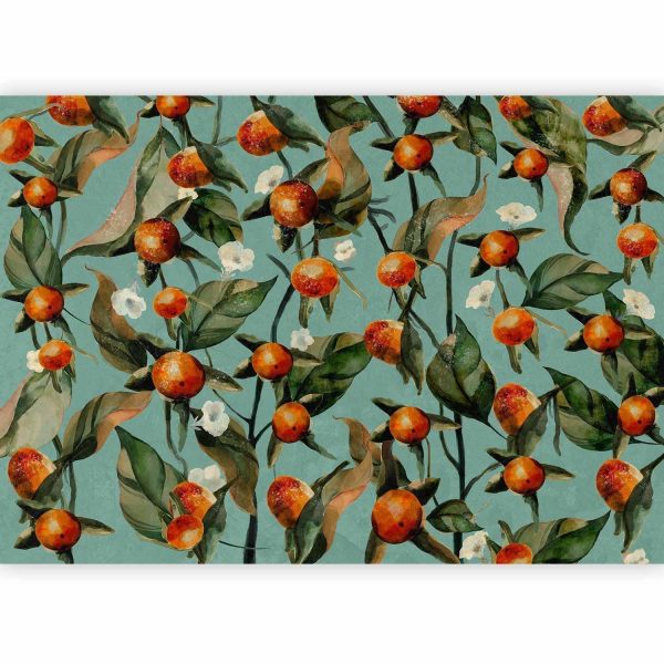 Wall Mural Wallpaper - Orange grove - plant motif with fruit and leaves on a blue background - Image 4