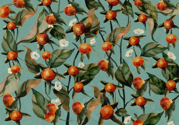 Wall Mural Wallpaper - Orange grove - plant motif with fruit and leaves on a blue background - Image 6