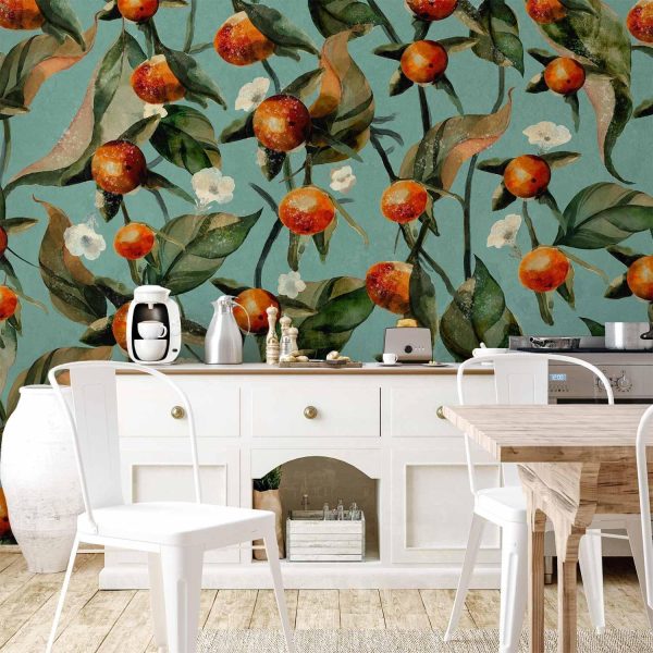 Wall Mural Wallpaper - Orange grove - plant motif with fruit and leaves on a blue background - Image 2