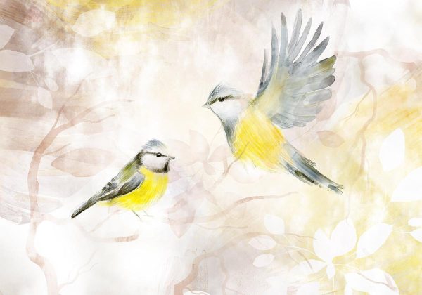 Wall Mural - Painted tits - bird motif with patterns in yellow and beige tones