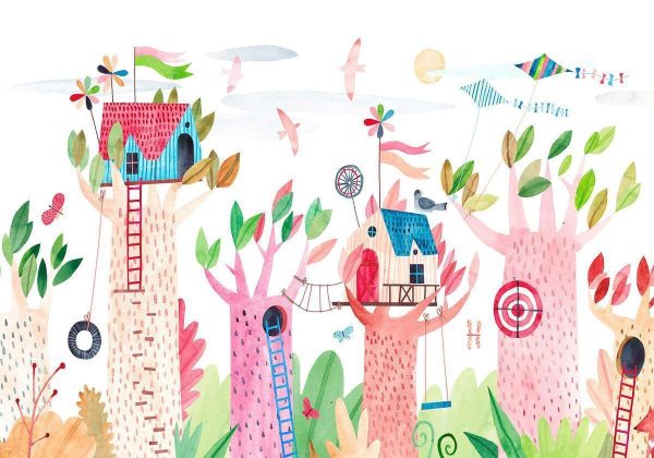 Wall Mural - Painted tree houses - a colourful fantasy with kites for children