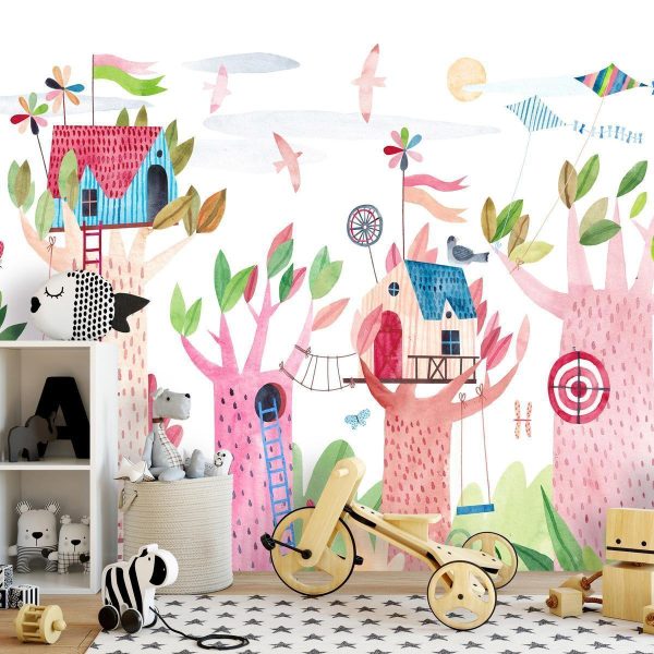 Wall Mural - Painted tree houses - a colourful fantasy with kites for children