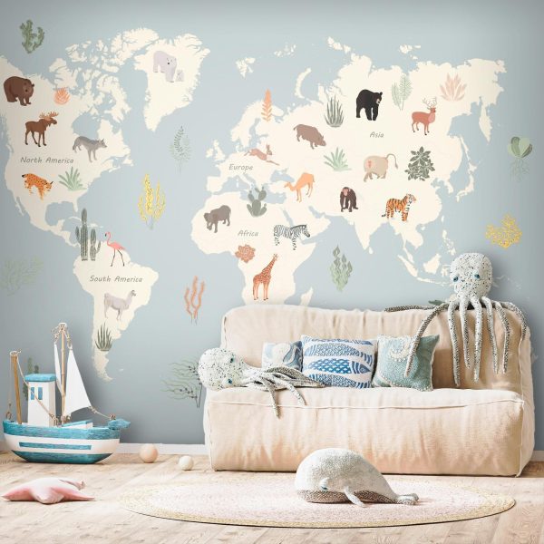 Wall Mural Wallpaper - Pastel Planet - Animals and Underwater Plants on a Map - Image 3