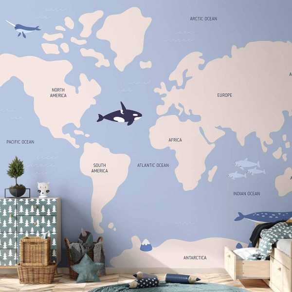 Wall Mural - Pastel Planet - Animals and Underwater Plants on a Map