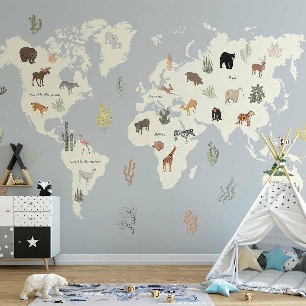 Wall Mural Wallpaper - Pastel Planet - Animals and Underwater Plants on a Map