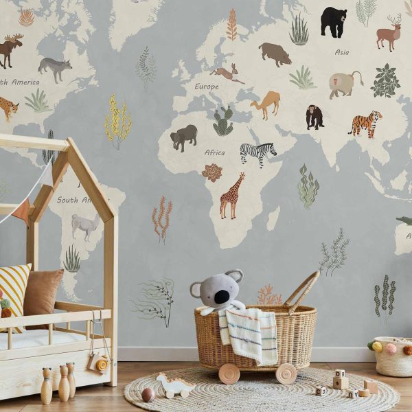 Wall Mural Wallpaper - Pastel Planet - Animals and Underwater Plants on a Map - Image 2
