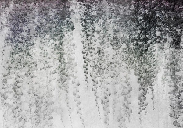 Wall Mural - Peaceful oasis - landscape of hanging black leaf vines on a grey background