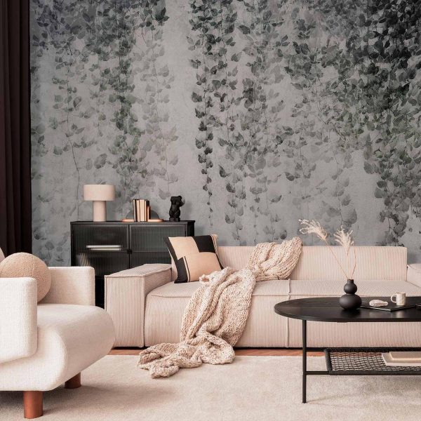Wall Mural - Peaceful oasis - landscape of hanging black leaf vines on a grey background