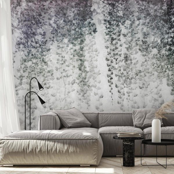 Wall Mural - Peaceful oasis - landscape of hanging black leaf vines on a grey background