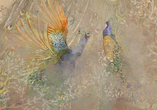 Wall Mural - Peacocks in dance - bird motif among an abstract pattern with ornaments