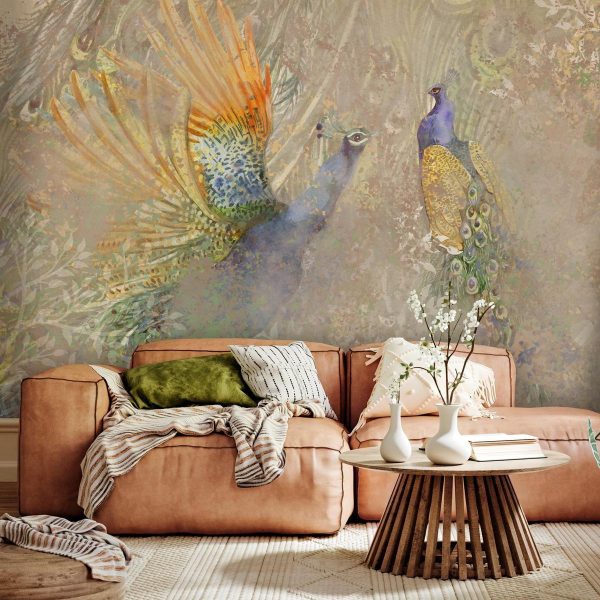 Wall Mural - Peacocks in dance - bird motif among an abstract pattern with ornaments
