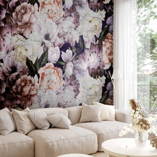 Wall Mural - Plant motif with peonies in a garden - retro style flower background