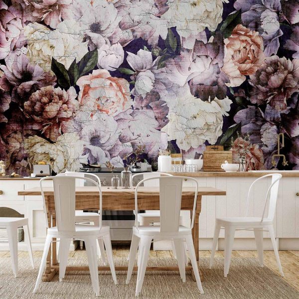 Wall Mural - Plant motif with peonies in a garden - retro style flower background