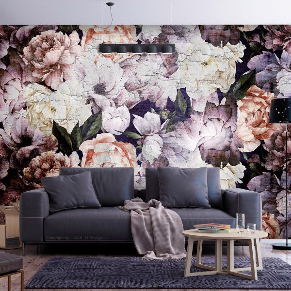 Wall Mural - Plant motif with peonies in a garden - retro style flower background